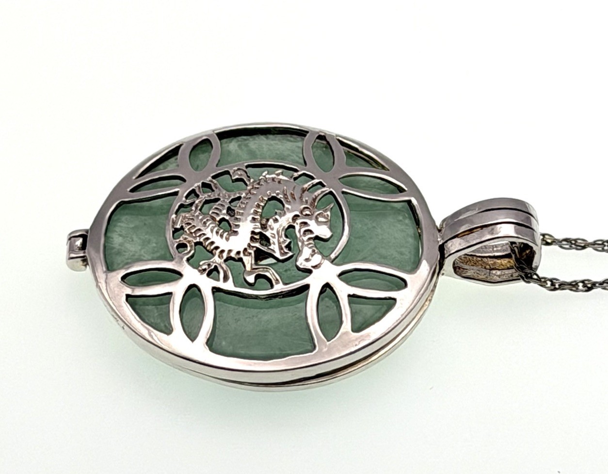 Vintage Sterling Silver Jadeite Jade Dragon Pendant Chinese Necklace 20” Chain