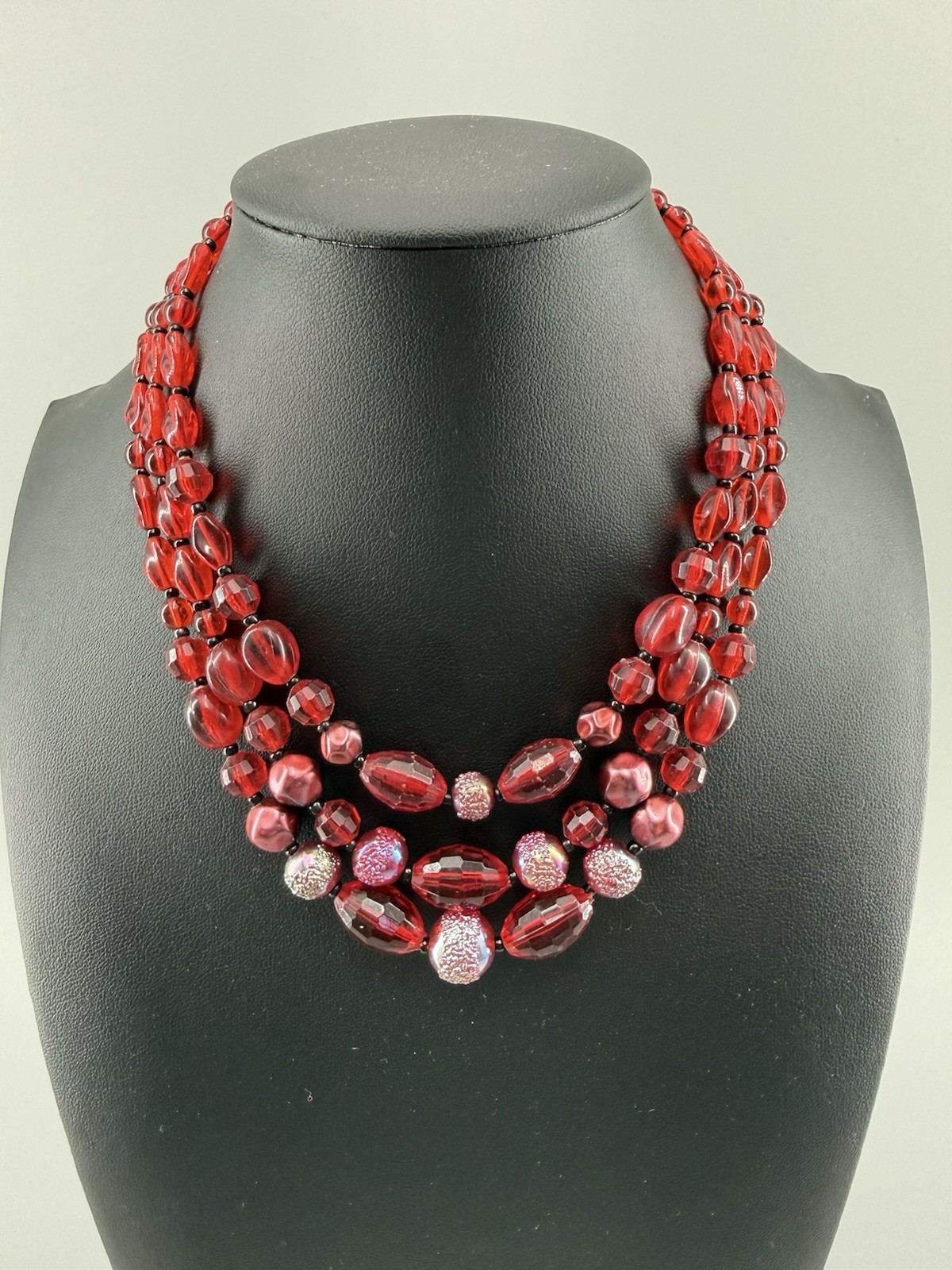 Vintage West Germany Ruby Red Glass Bead 3 Strand Necklace Art Glass Accent