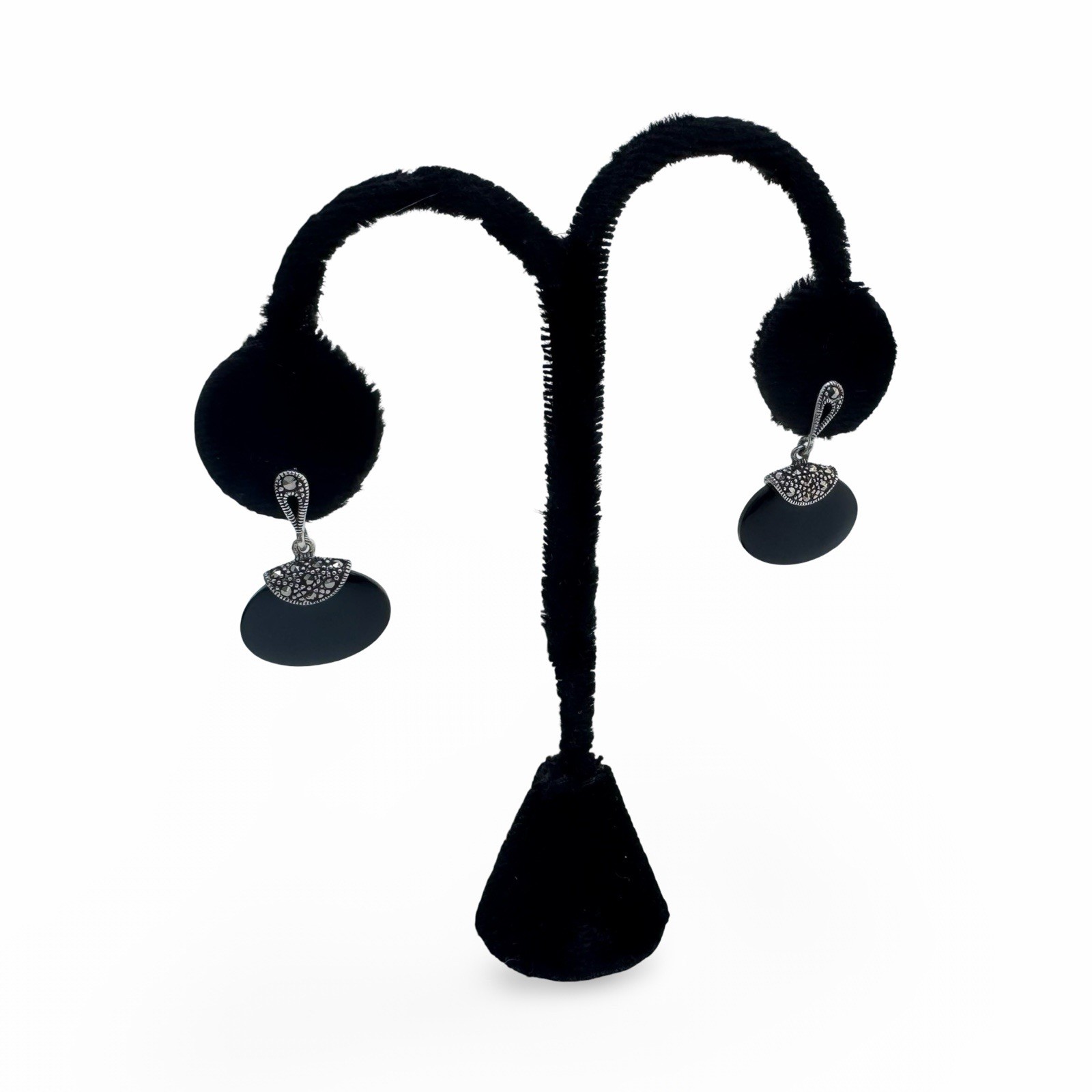 Vintage 925 Sterling Silver Black Onyx Marcasite Dangle Earrings Signed R