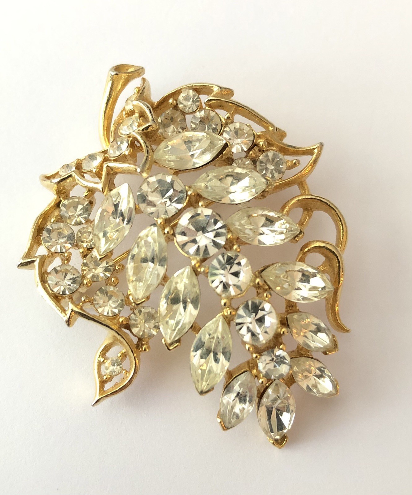 Signed Lisner Vintage 1960s Gold And Crystal Brooch Leaf, Grape Leaf Pin