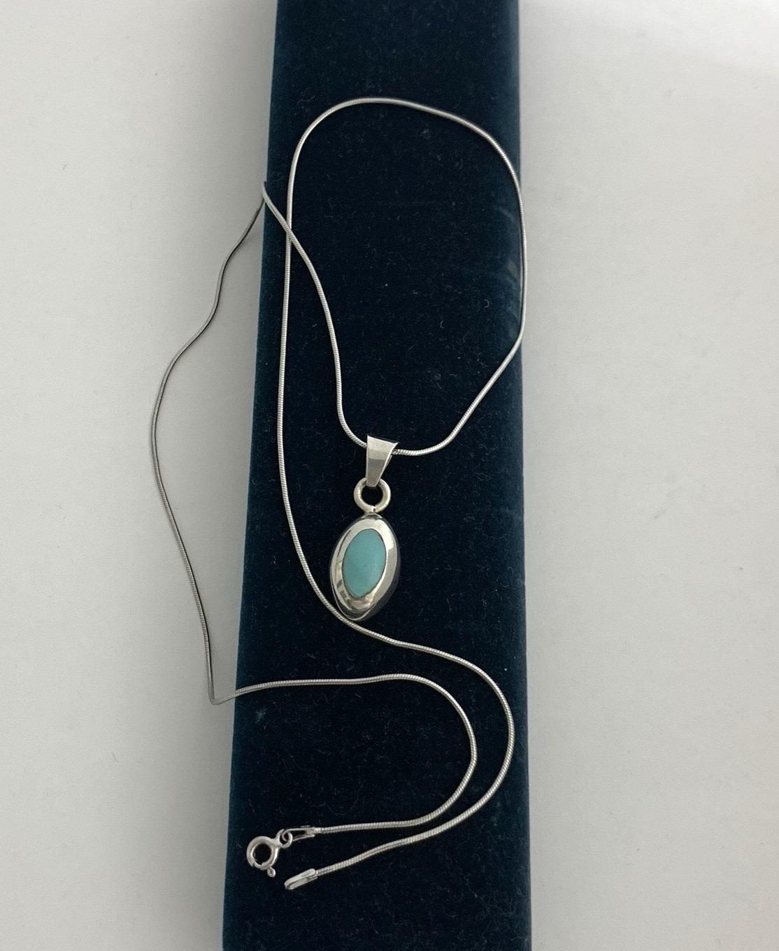 Vintage Mexico 925 Sterling Silver Necklace Blue Turquoise Inlay Pendant