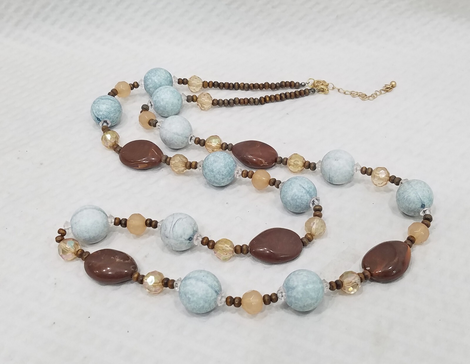Acrylic Brown Beige Crystal Pale Aqua & Brown Seed Bead 36″ Long Necklace