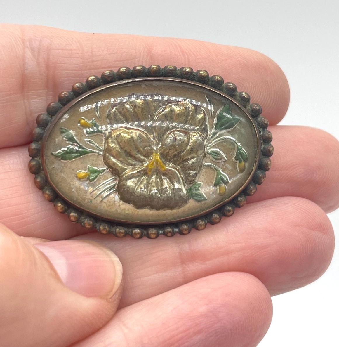 Antique Victorian Goofus Glass Iridescent Pansy flower Brass c-clasp brooch