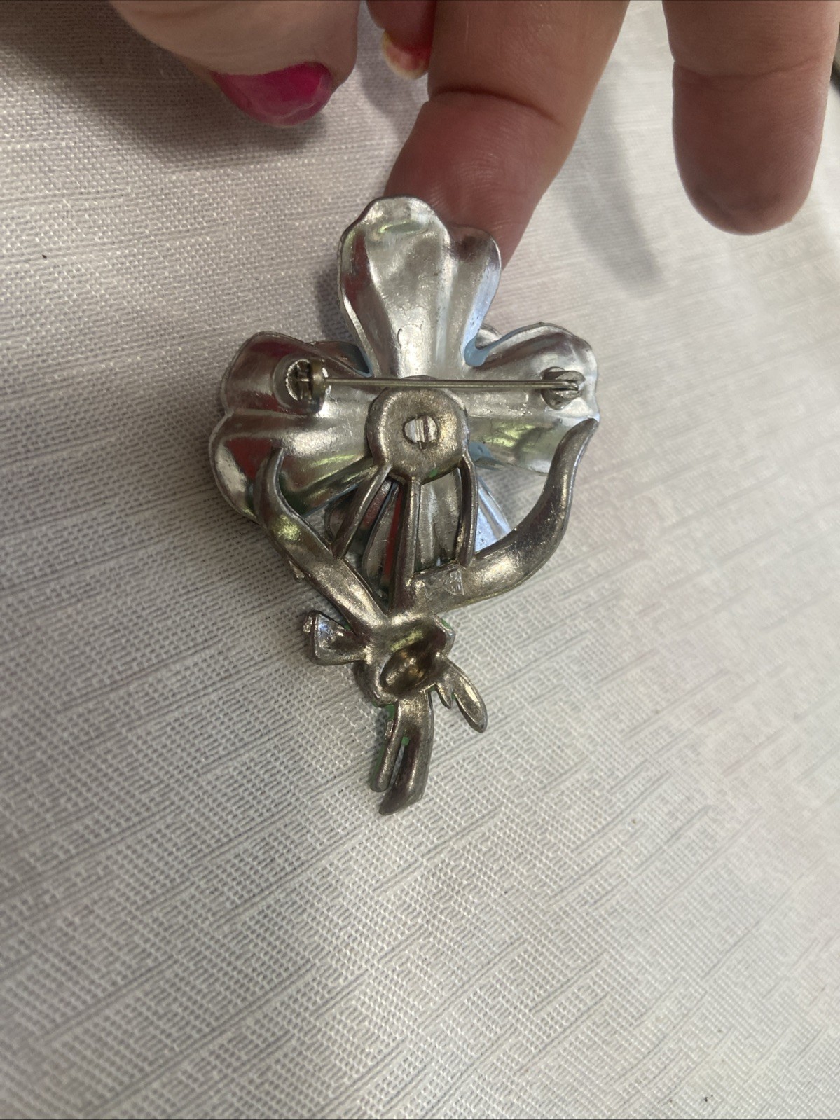 New England Glass Works Trembler Brooch Blue Pansy Flower Enamel Pot Metal