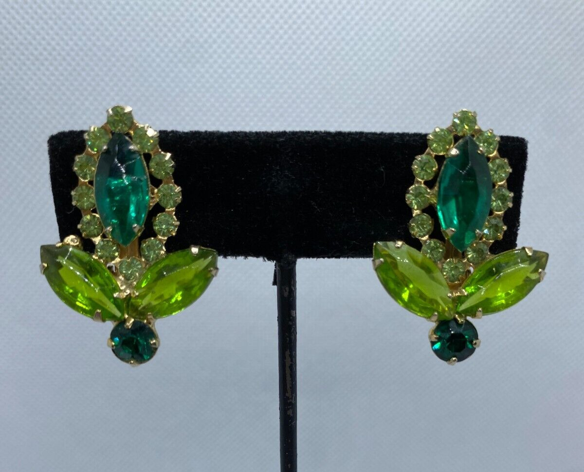 Vintage Green Rhinestone Clip-On Earrings Unsigned Different Shades & Shapes