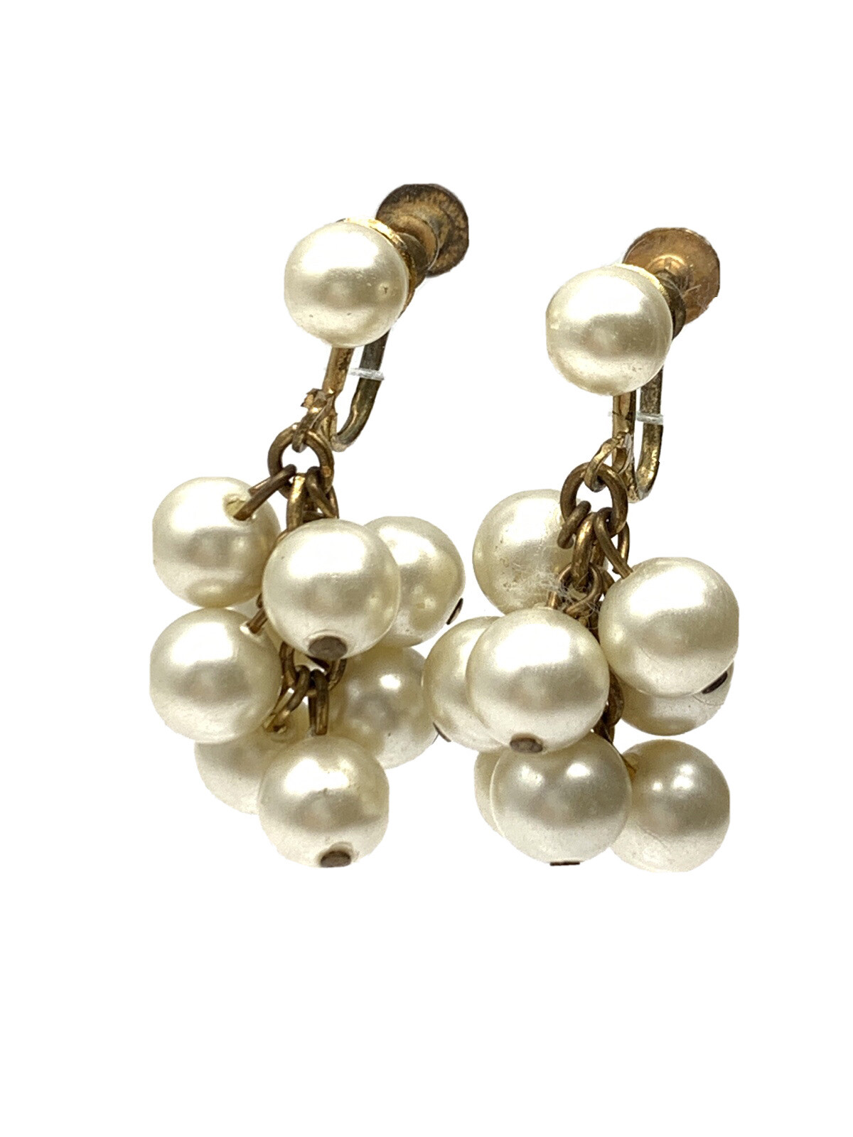 Earrings Faux Pearl Cluster Dangle Drop Gold Tone Vintage Screw Back Classic A7