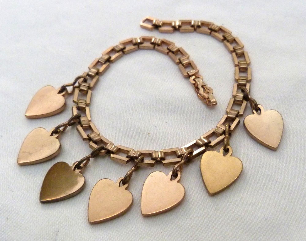 VTG 1940s VICTORIAN REVIVAL FANCY LINKS “SHIRLEY” HEART CHARMS BRACELET ~ 7 3/8″