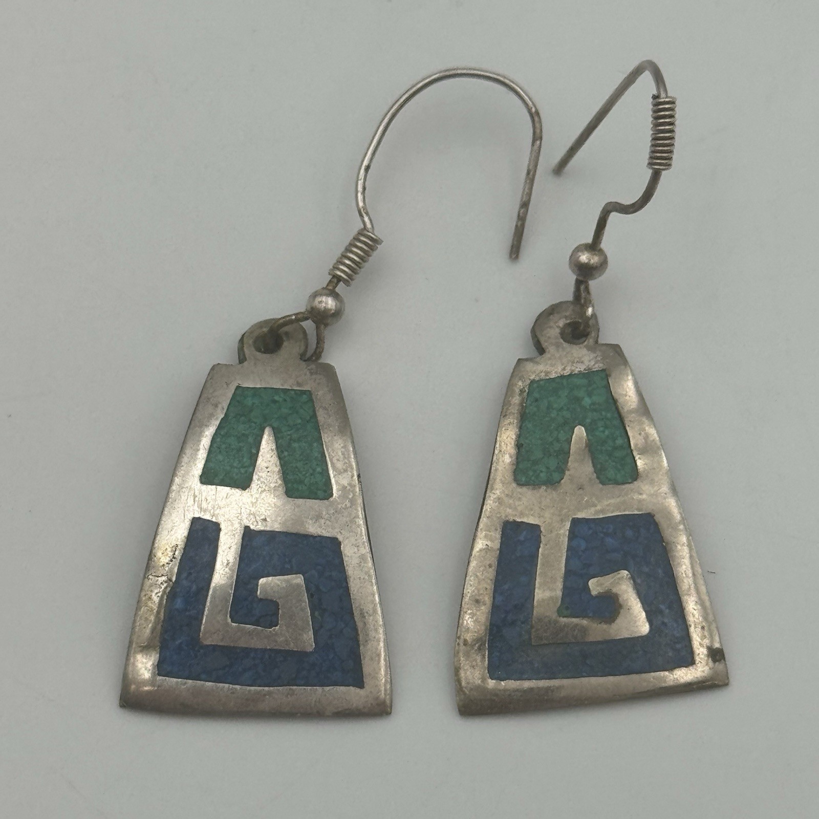 925 Mexico Geometric Earrings Blue + Green Crushed Turquoise Chip Inlay 3.9g