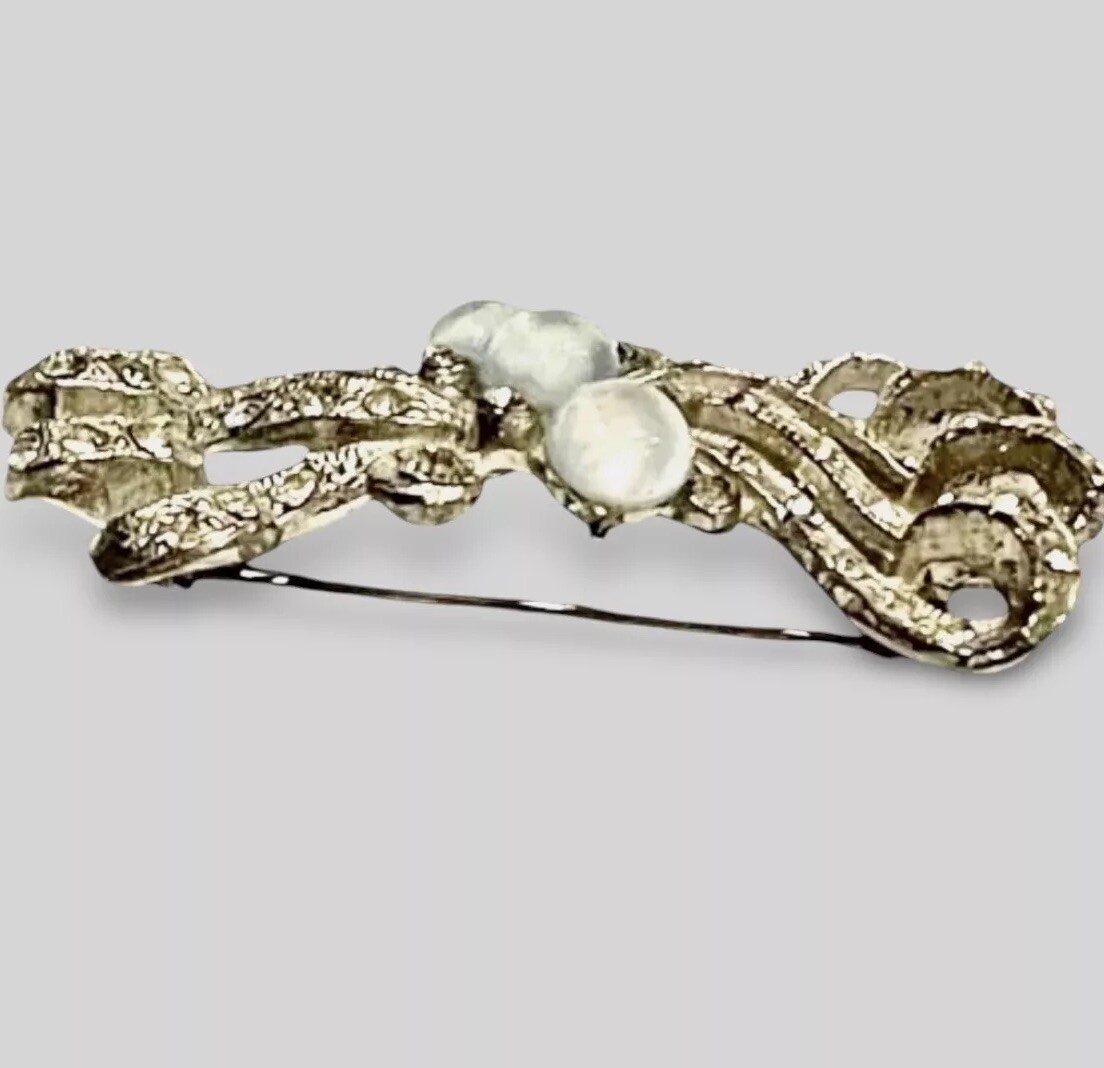 Vtg BLUE GREY STONES & RIBBON Brooch Pin Rhinestones Silver Tone 12g EUC