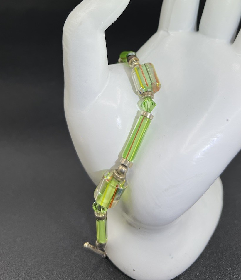 Sterling Silver, Blown Glass, Faceted Crystal Bracelet, 7”