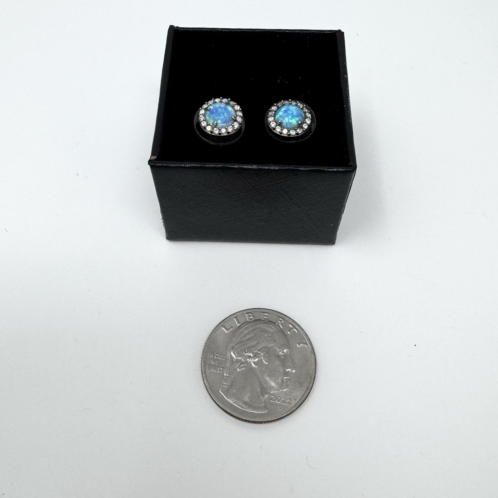 Vintage Estate 925 Sterling Silver Blue Opal & CZ Round Stud Earrings