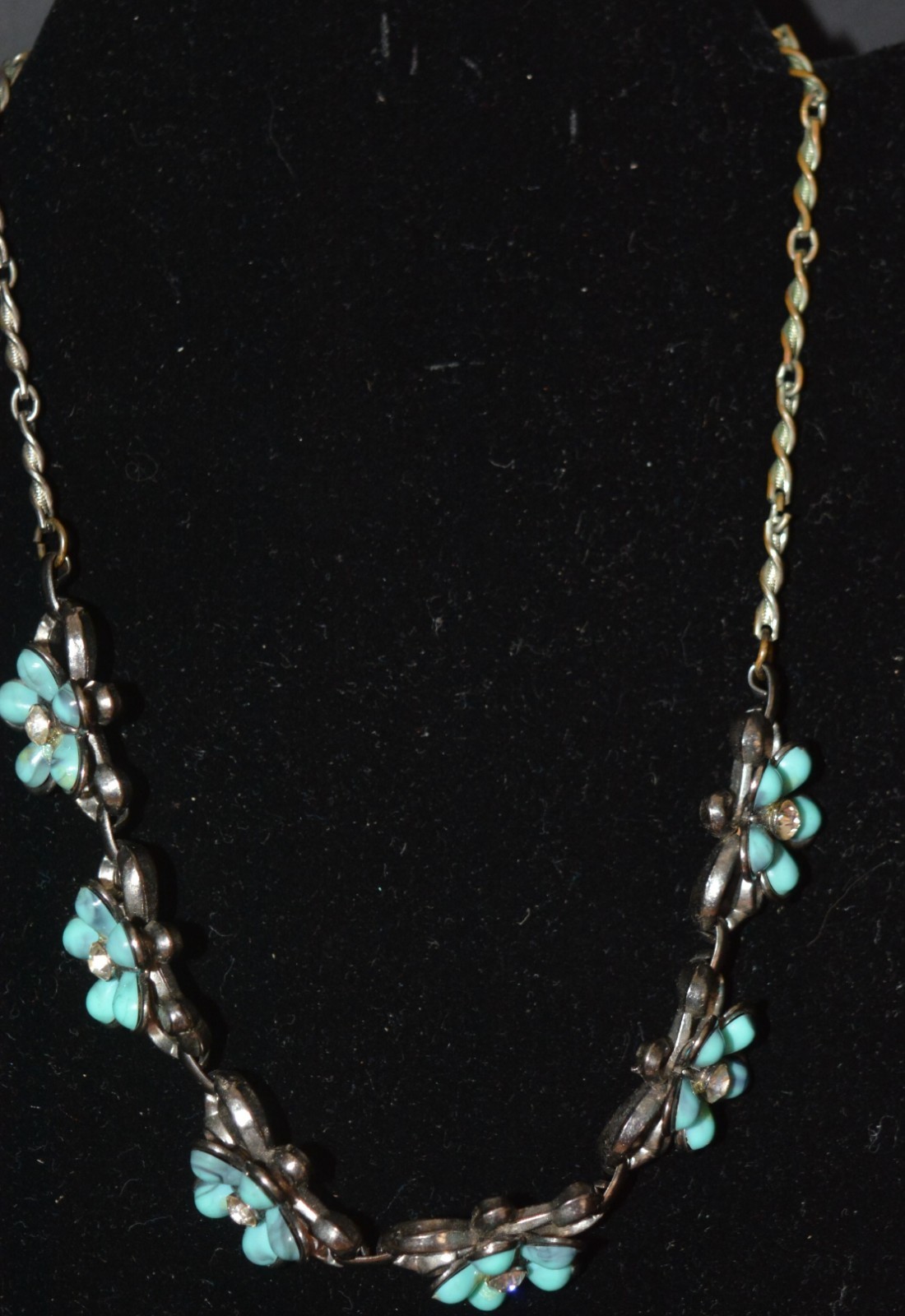 VTG Blue Opal Turquoise & Rhinestone Sterling Silver Bracelet & Necklace Choker