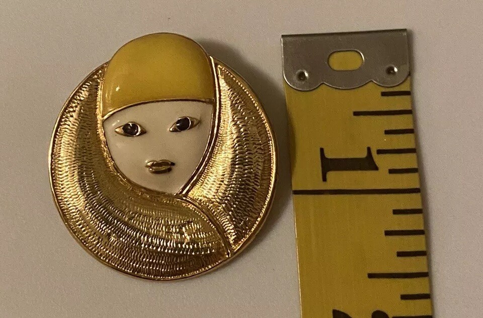 Vtg Signed Orena PARIS Retro Enameled Art Deco French Woman Gold Tone Brooch Pin