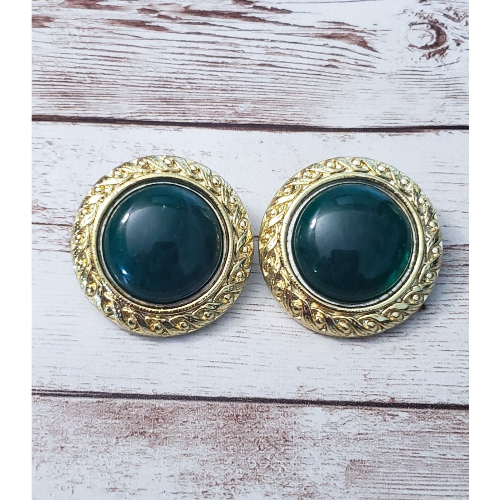 Vintage Clip On Earrings Dark Green Center with Gold Tone Halo Statement