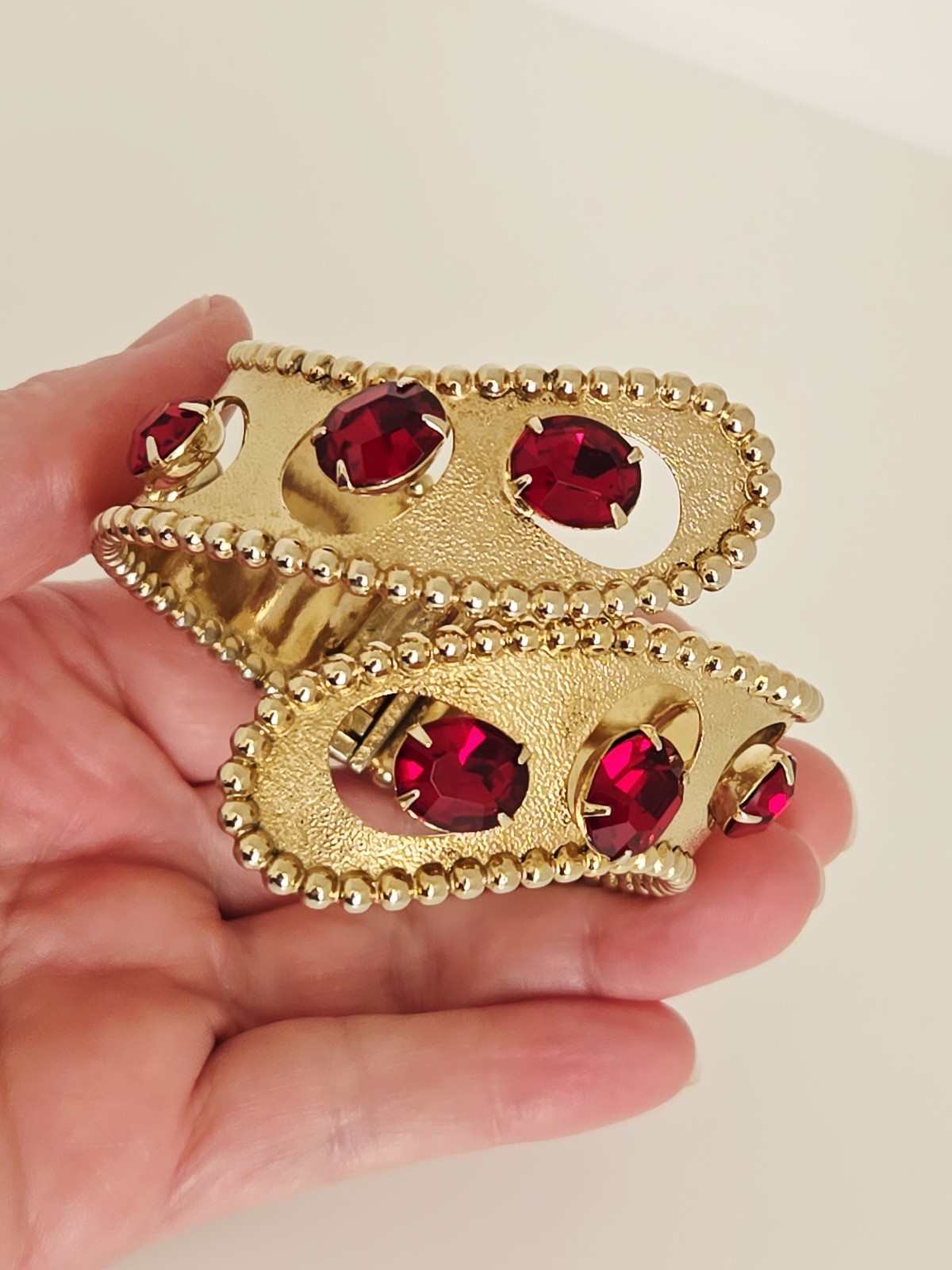 Vintage MCM Gold Tone Red Rhinestone Statement Clamper Bracelet