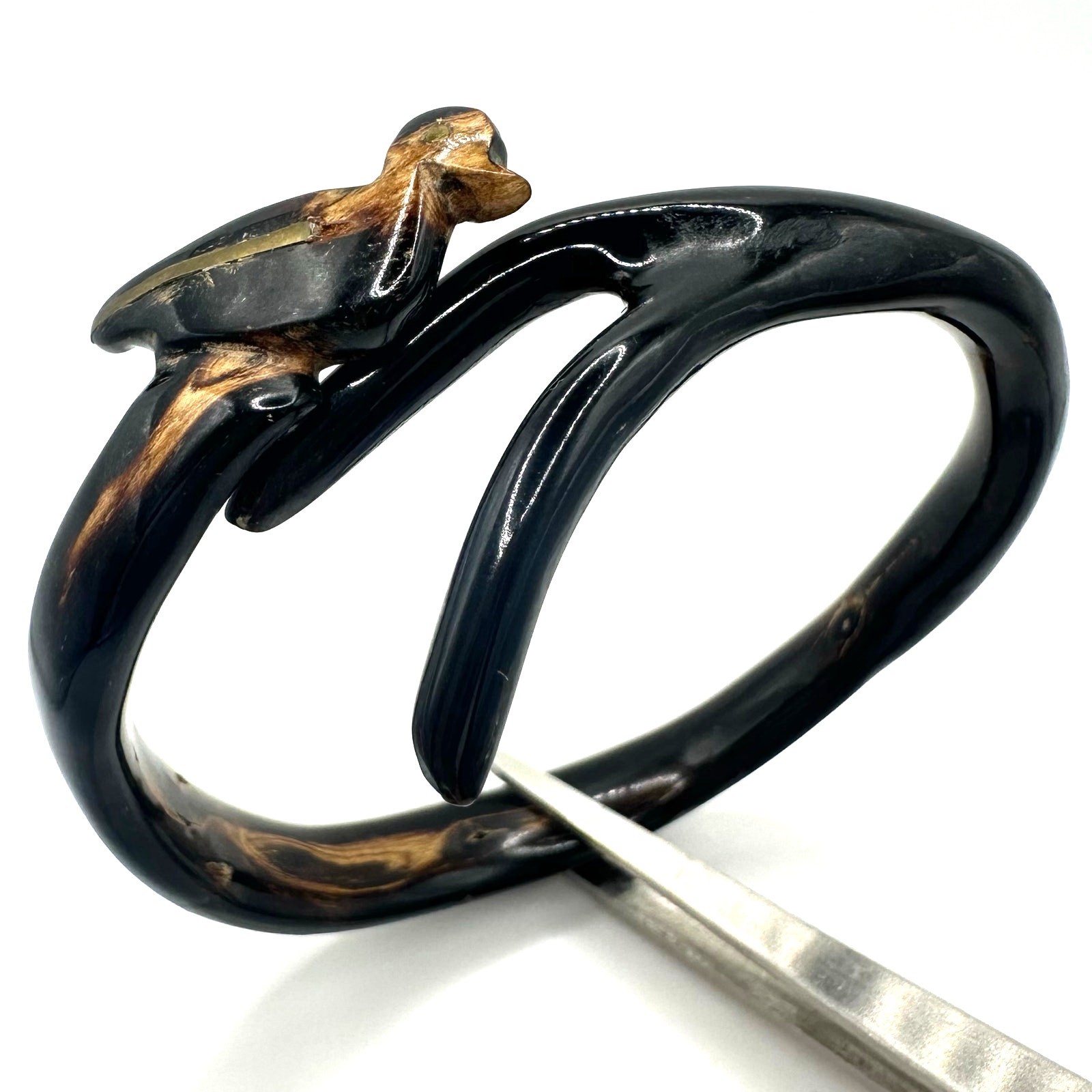 Vintage carved genuine black coral bird figural bypass bangle bracelet