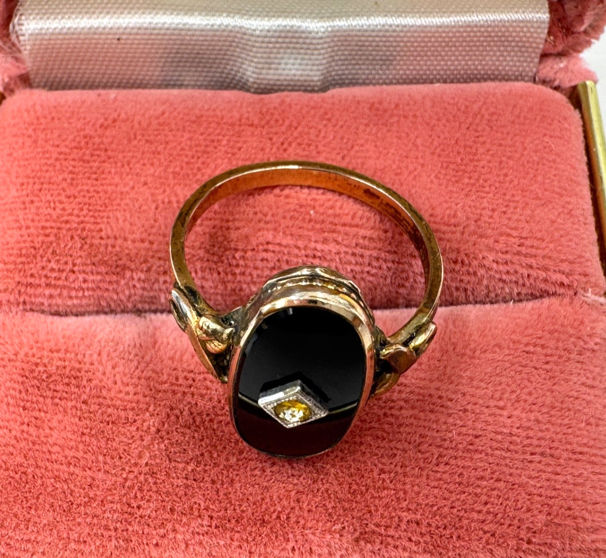 ANTIQUE VICTORIAN RING 10K GOLD FILLED SIGNED HALLMARKED ONYX DIAMOND LARGE 9.25