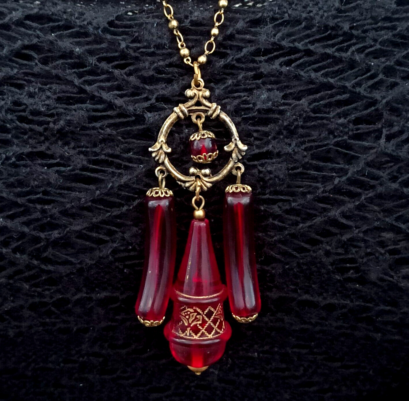 Vintage Red Necklace Rosary Beaded Tassel Long Lucite Art Deco Revival 23″ Boho