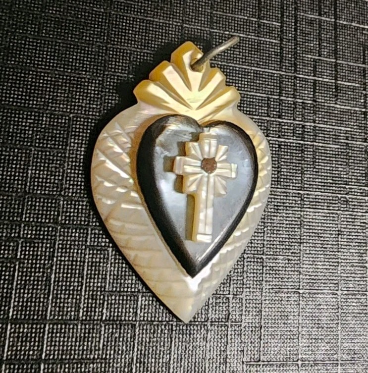 Beautiful Sacred Heart Cross Pendant Hand Carved MOP Victorian Pendant