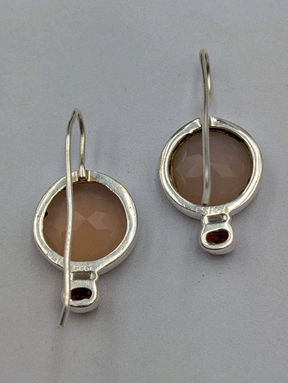 ISJ Vtg Sterling Silver Round Rose Quartz & Oval Garnet Hook Dangle 925 Earrings