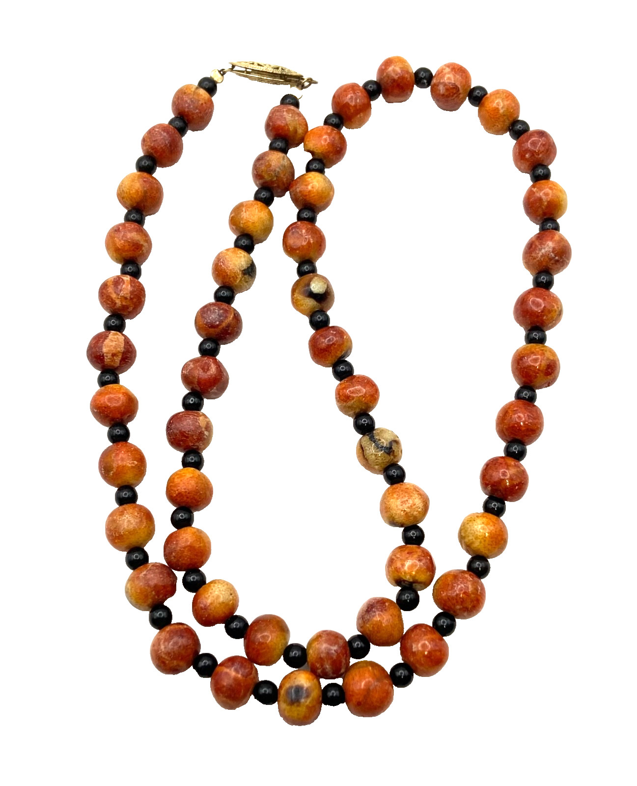 Vintage Apple Sponge Coral Red/Orange Beaded Necklace Black Agate? Gold Tone 24″