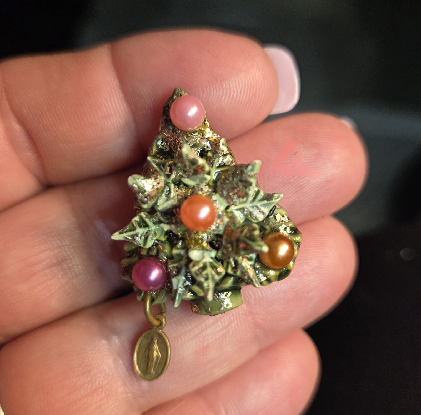 Vintage Christmas Tree Brooch w/ Dangling Micro Devotional Virgin Mary Catholic