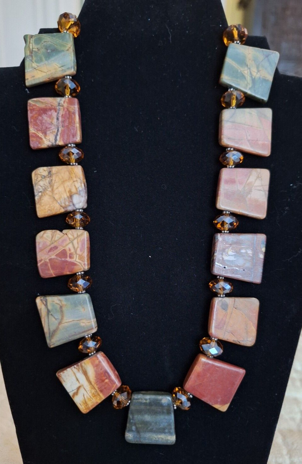 VTG Donna Dressler Polished Natural Stone/Faceted Crystal Necklace/SS Clasp