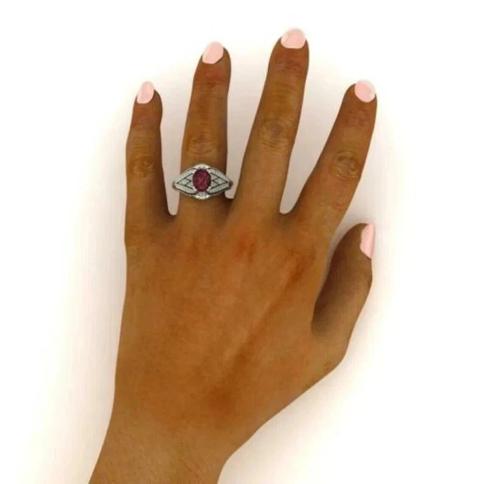 Art Deco Style Oval Lab Created Diamond Ruby 14K White Gold FN Engagement Ring