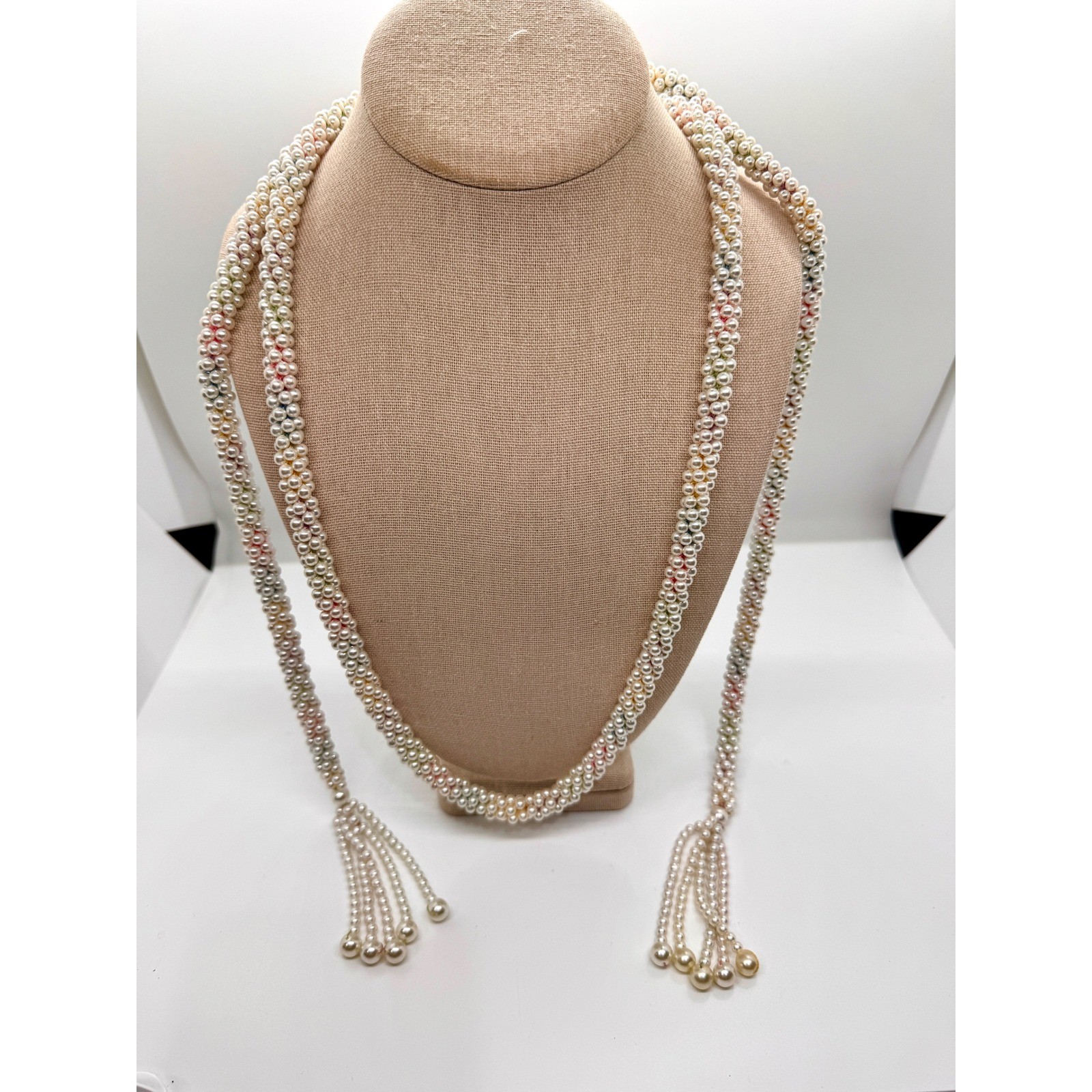 Vintage Faux Pearl Lariat Necklace Multi Strand Woven Tassel Wrap Cream 48 Inch