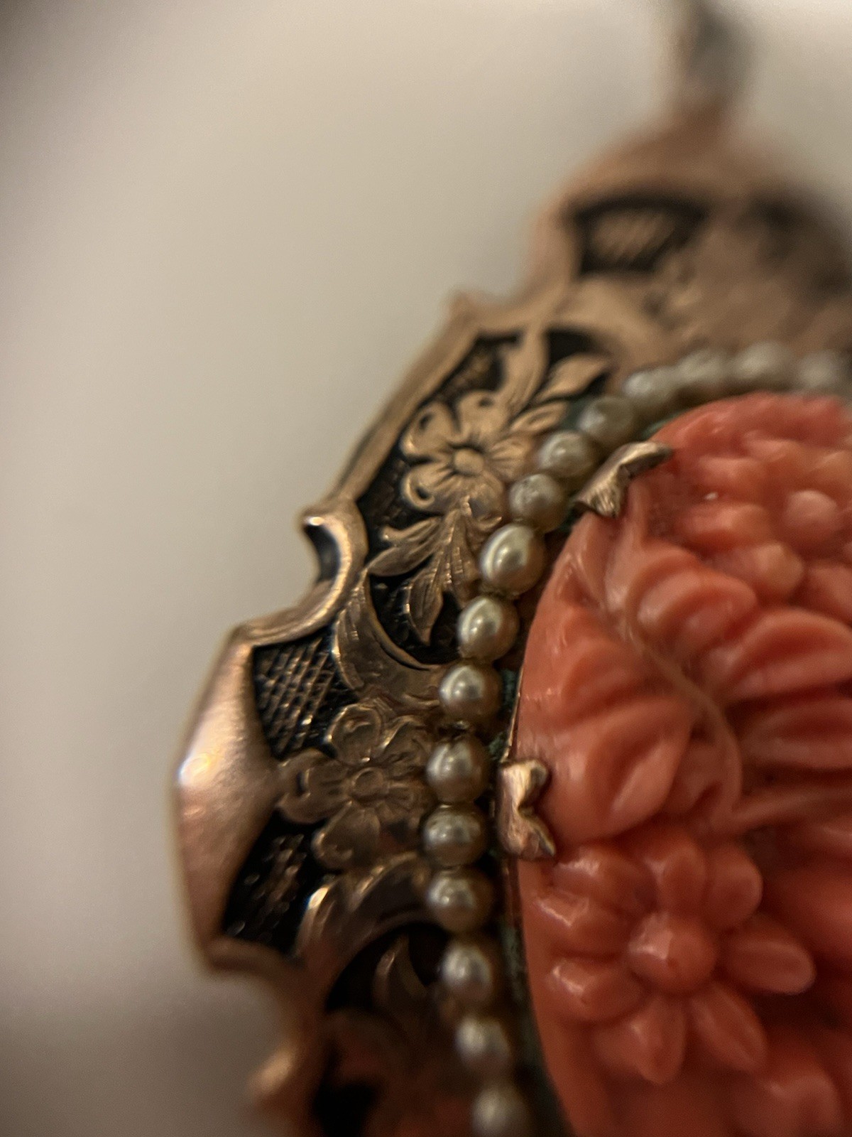 Antique Czechoslovakia Hand-Carved Coral & Pearl Flower Locket Necklace 17.5”