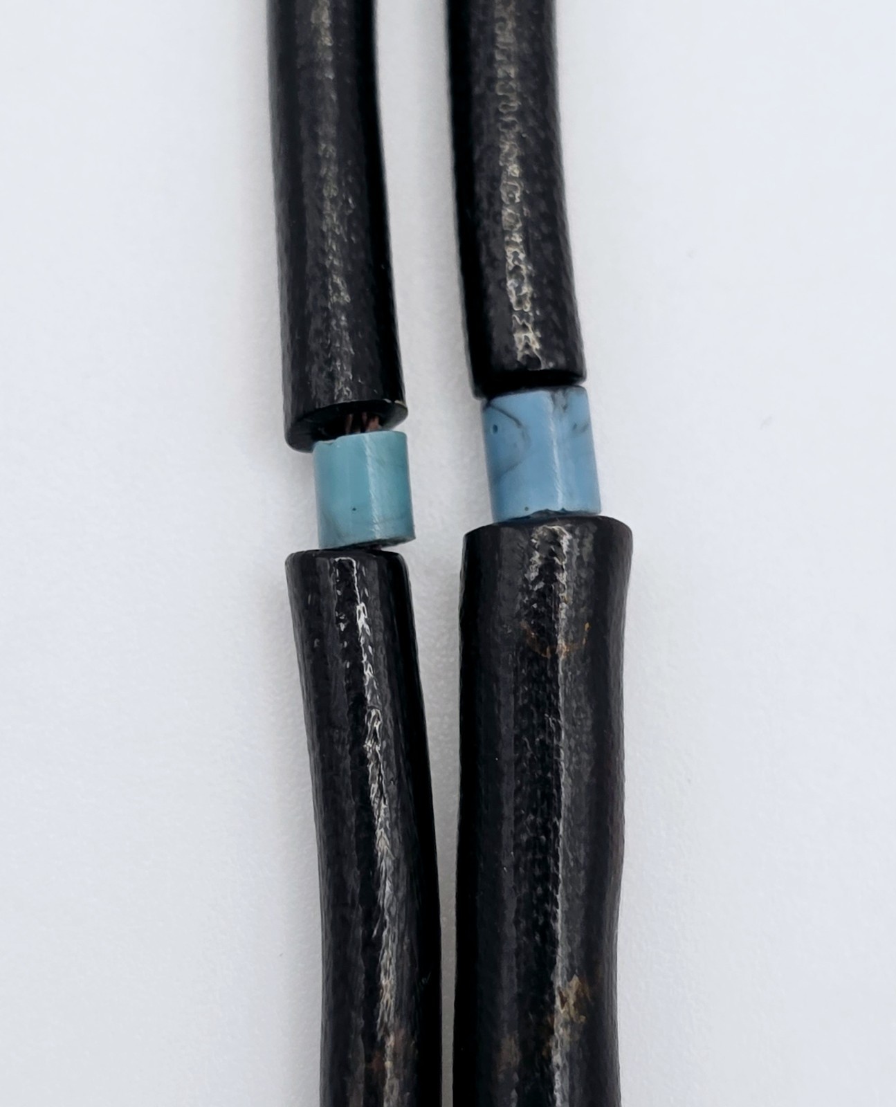 Vintage Black Coral Tube Bead Necklace 17.5″ Blue Glass Spacers Brass Clasp