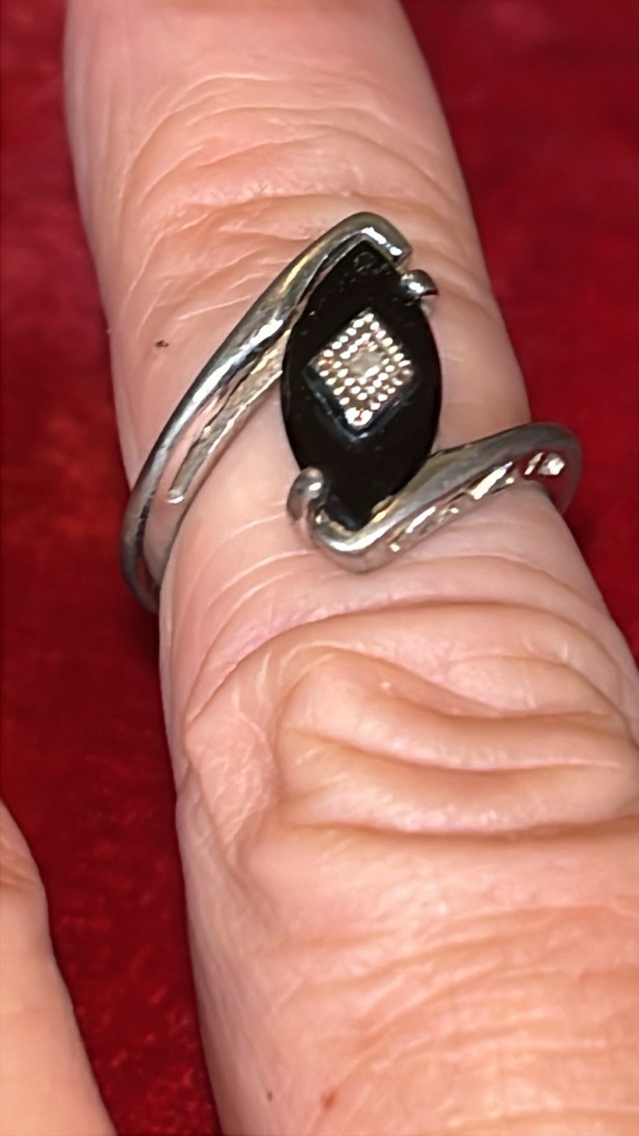 Vintage Marquise Shaped Black Onyx Stone W Diamond Center Sterling band Size 7