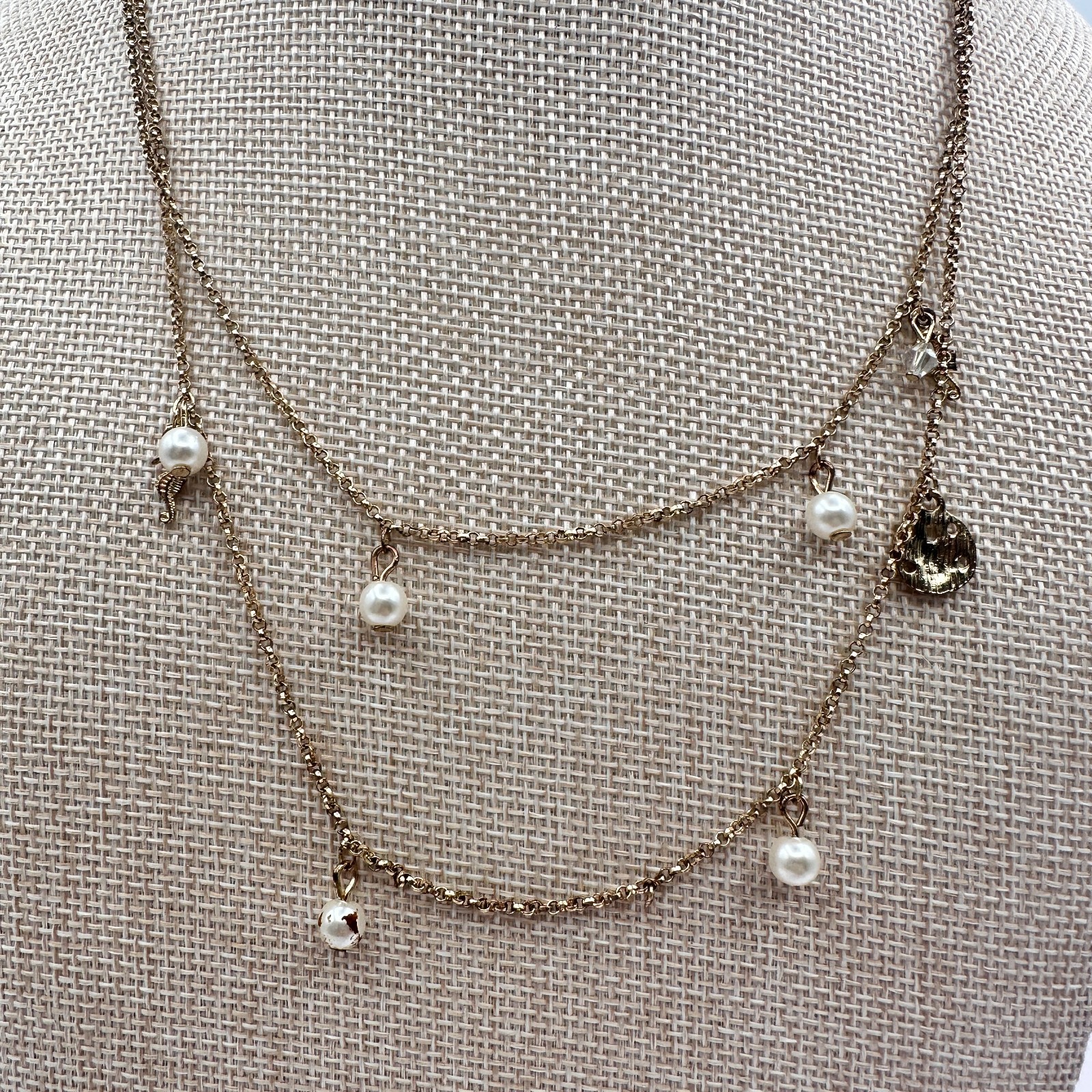 Vintage 90s Gold Tone Double Layer Chain Pearl Charm Station Necklace Jewelry