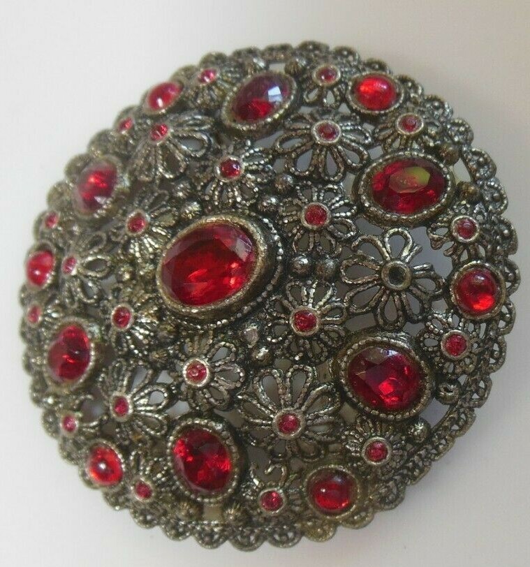 Antique New England Glass Works Large Brooch Red Rhinestones Floral Filigree