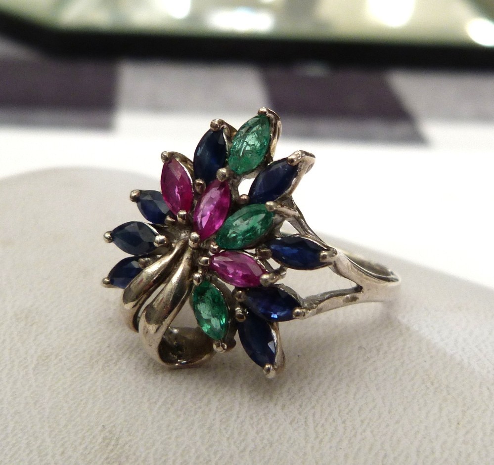 DESIGNER SIGNED EMERALD SAPPHIRE RUBY GEMSTONES STERLING SILVER RING SIZE 9