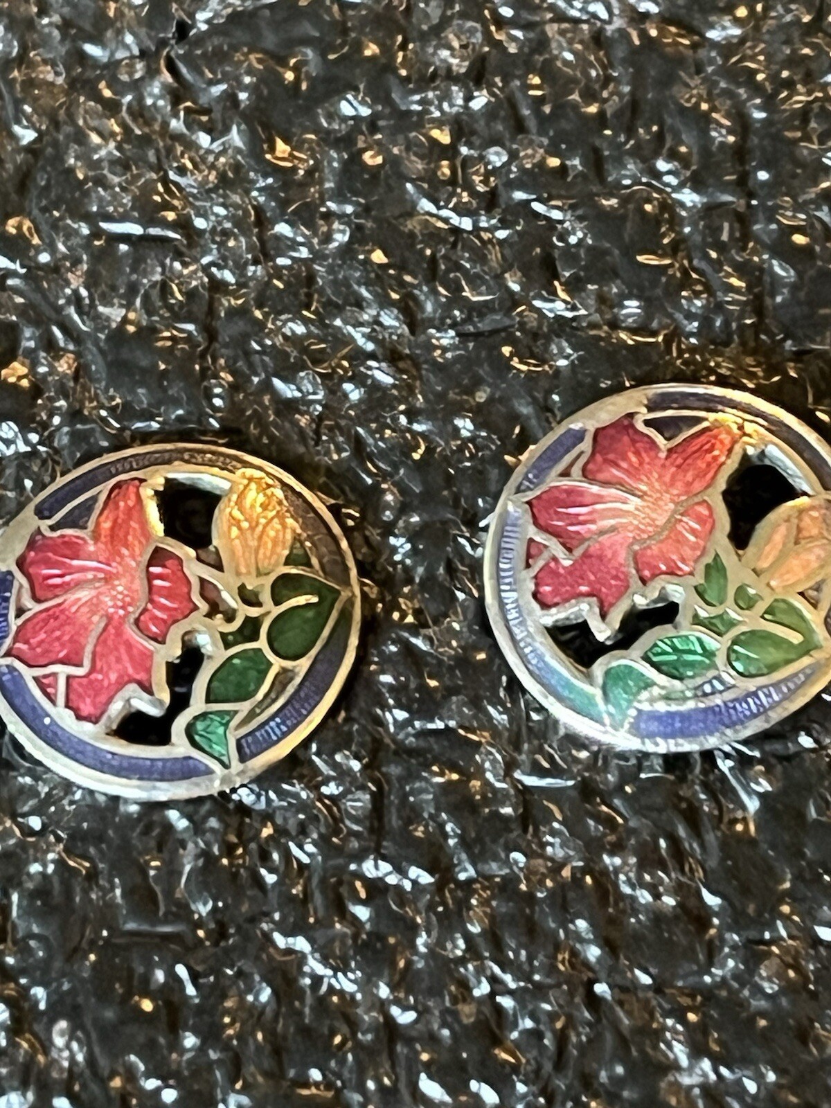 Pierced Earrings. Unknown Metal. Silver With Floral Inlay.