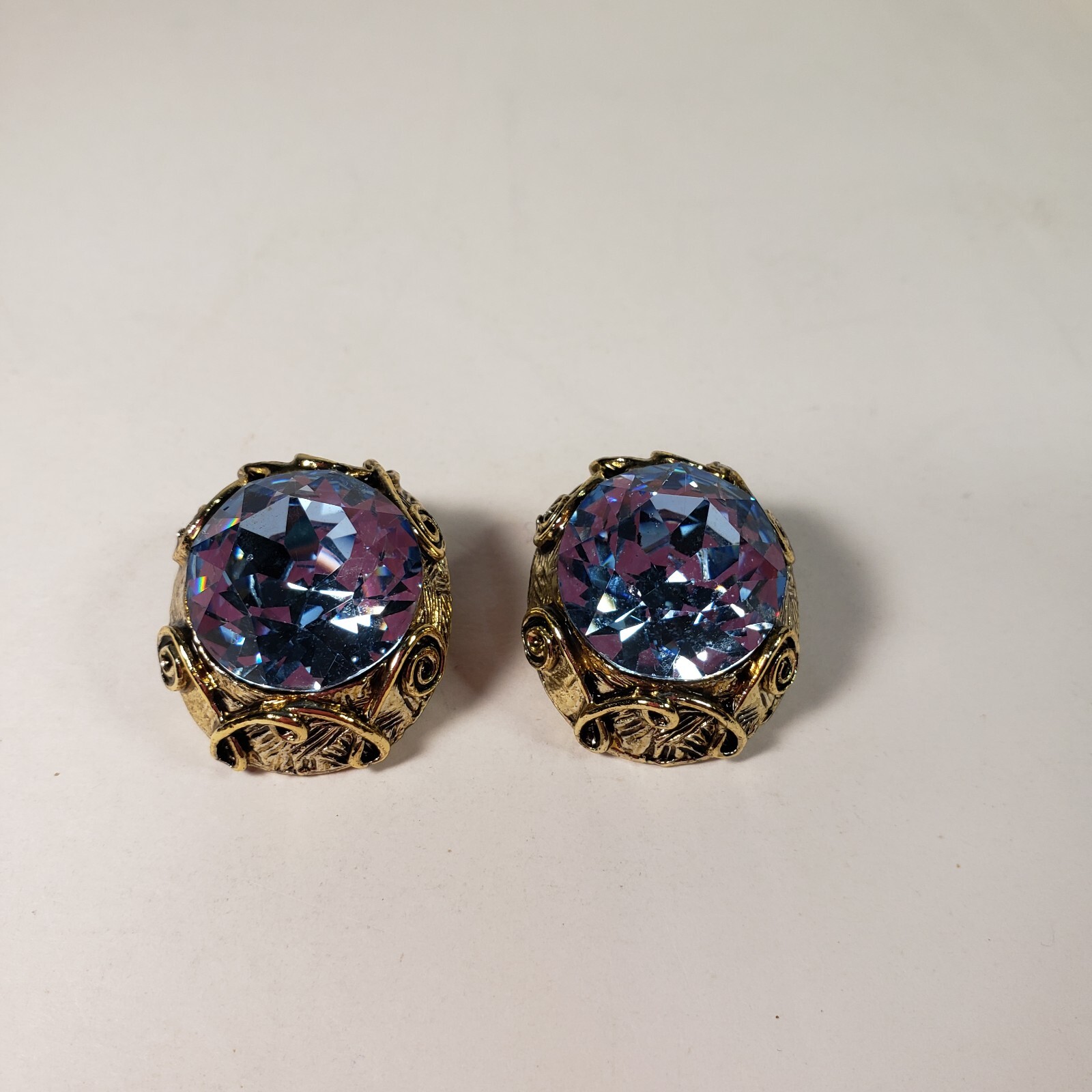 Vintage Light Blue Stone In Gold Like Setting.Clip On Earrings