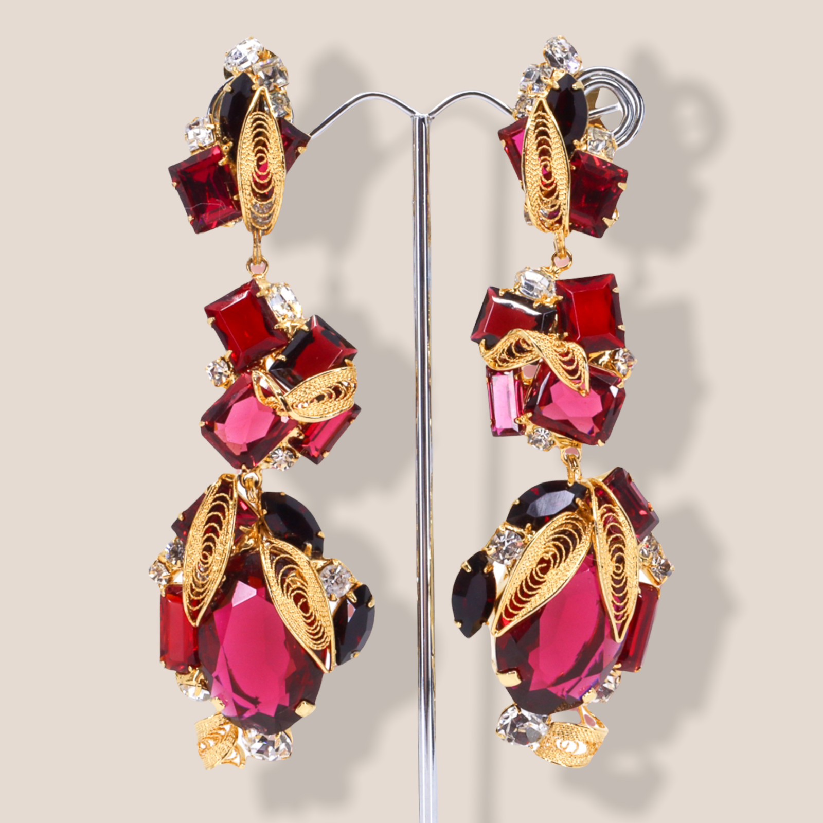 Sorrell Originals, Red, Fuchsia and Burgandy, Gold Clip-on Earrings