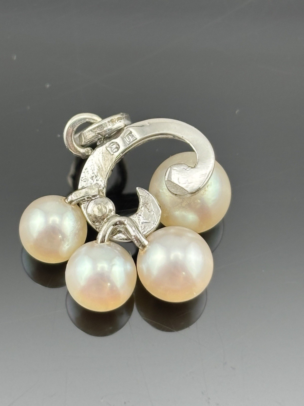 Vintage Sterling Silver Mikimoto Akoya Pearl Pendant 4 Pearls Swirl Charm .75″