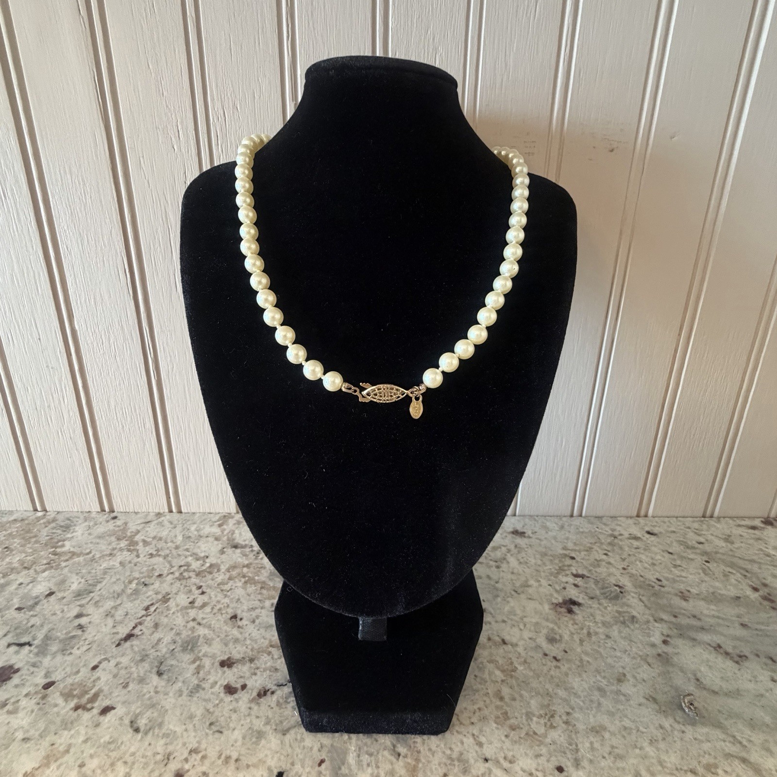 Vintage Monet Faux Pearl Necklace 1950s Filigree Fish Hook Clasp Signed Bridal