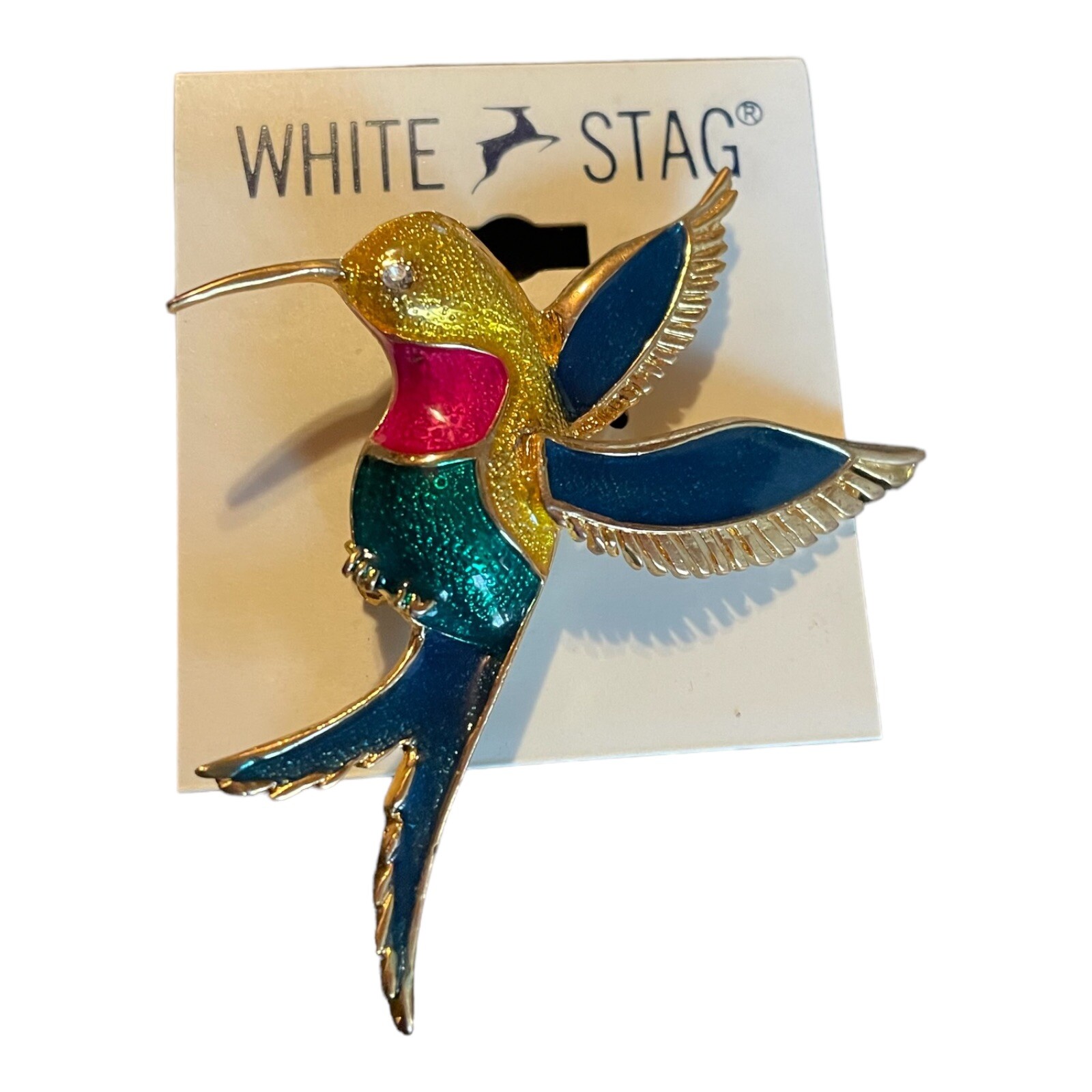 VTG Women’s White Stag Multi Color Enamel Hummingbird Broach Pin Fashion Jewelry
