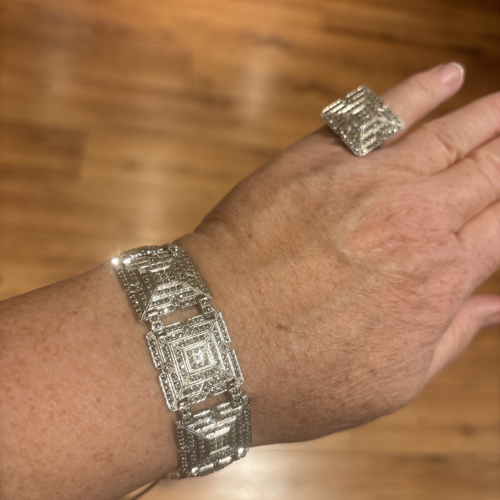Vintage Art Deco Sterling Marcasite Bracelet & Ring & Earrings Set 64 Grams