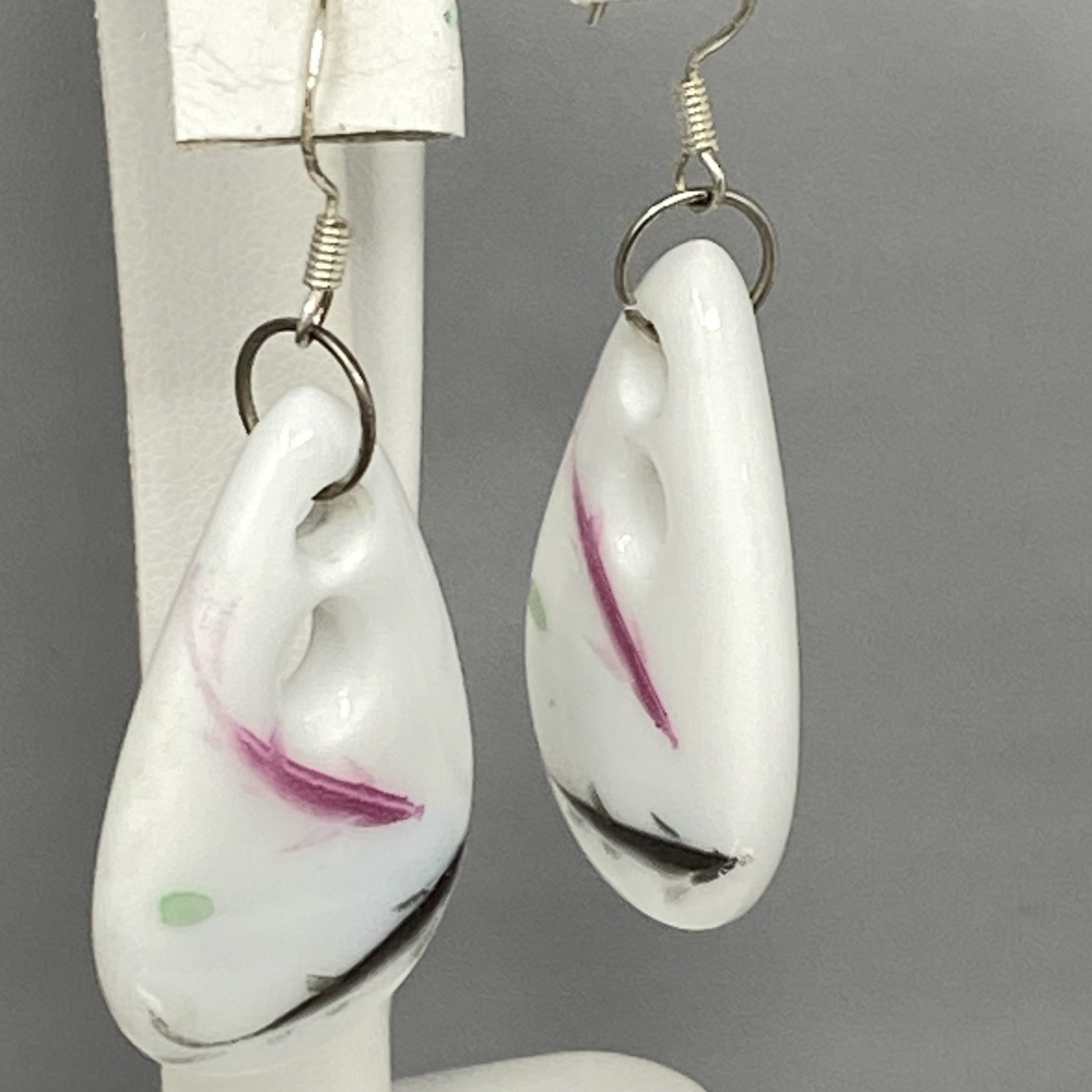 White Glass Bead Earrings Pink Black Splatter Teardrop Pierced Dangle Drop Hook
