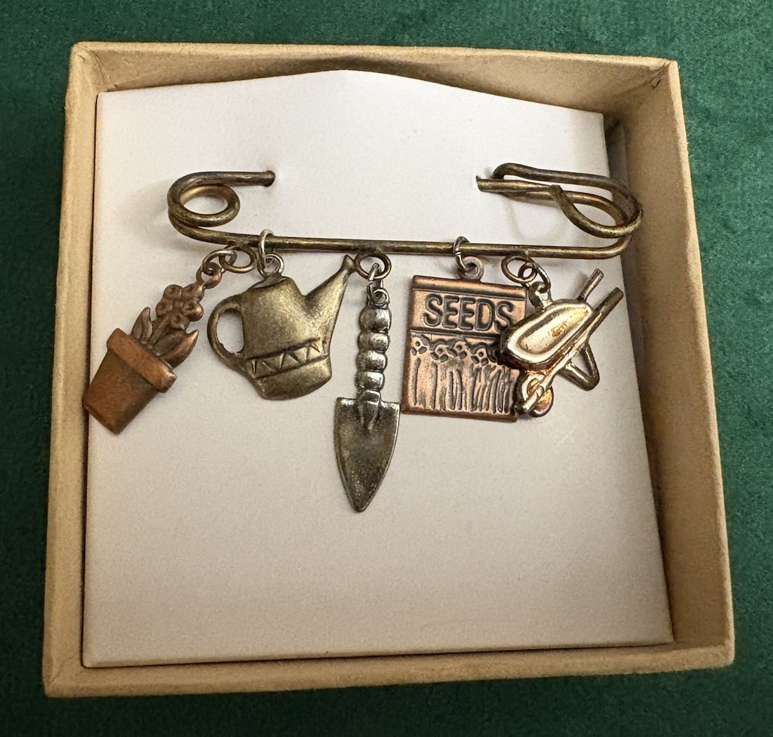 Vintage Gardener Pin Brooch With Five Gardening Charms