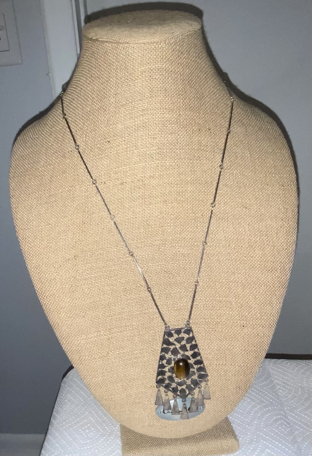 Vintage Silver Plate Metal Tiger Eye Stone/Gem Dangle Necklace, Israel
