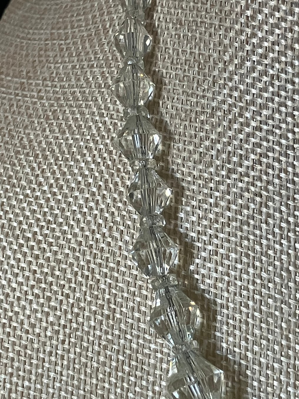 Vintage Art Deco Faceted Crystal Necklace Silver Chain Faceted Bi-cone Beads 16″