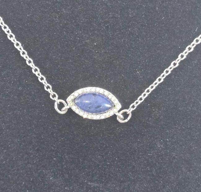 Vntg Blue Iolite Marquise Cabochon Necklace Silver Tone Pavé Rhinestone 18 In