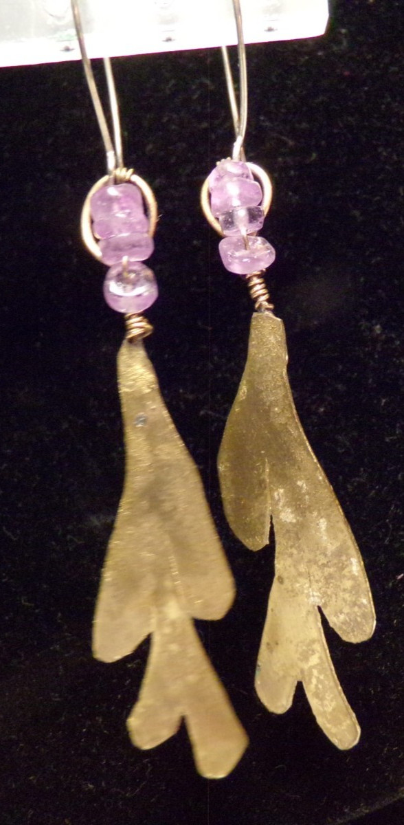 VTG 1960’S BRUTALIST STERLING SILVER GOLD BRASS AMETHYST MODERN PIERCE EARRINGS