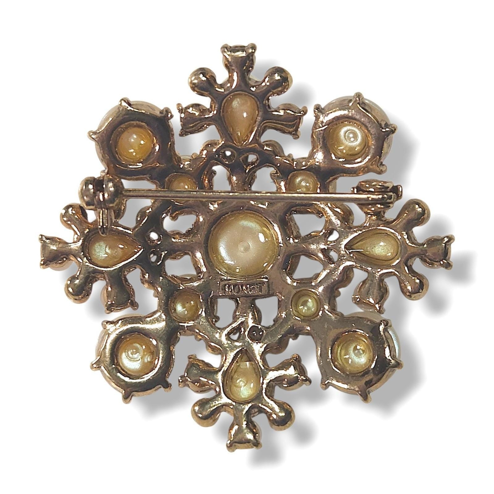 Monet Faux Pearl Rhinestone Brooch Gold Tone Floral Cluster Vintage OS