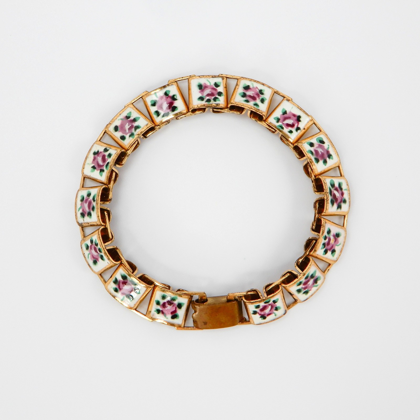 Vintage Hand Painted Enamel Panel Bracelet Pink Roses on White, Book Chain 6.75″